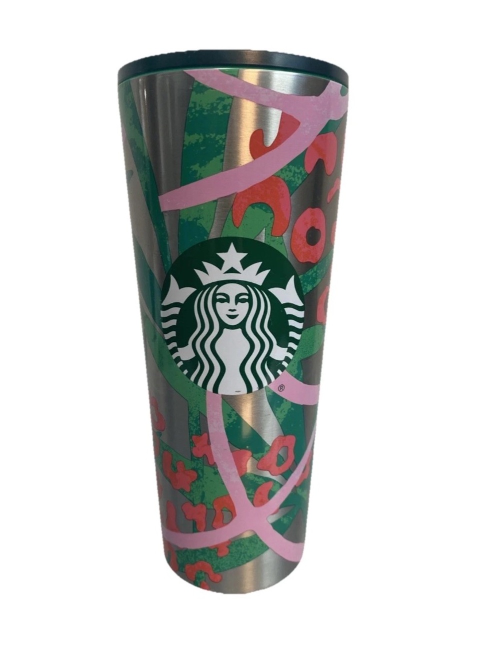 Starbucks Stainless Steel Tumbler 24oz Green Pink Cheetah Jungle Venti NO Straw